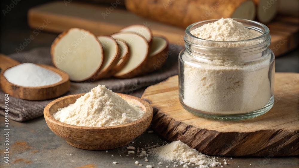Fototapeta premium Car? Flour displayed in a clear jar on a rustic stone surface