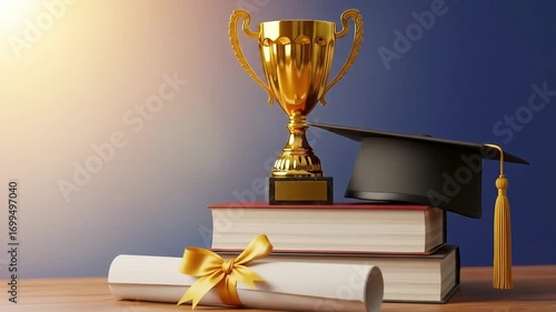 Image is a still life composition featuring a golden trophy, a graduation cap, and a rolled diploma. The trophy, with ornate handles and a shiny finish, is centrally placed on top of two stacked hardc