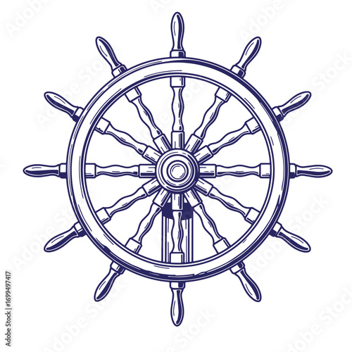 Hand drawn illustration of a detailed ship steering wheel isolated on white background