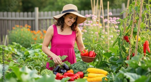 A woman in a pink dress and hat, standing in a garden with a basket of fresh vegetables, including tomatoes, peppers, and eggplants.