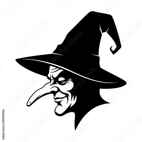 Wicked witch face silhouette isolated on white background