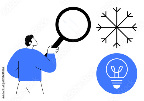Person holding magnifying glass examining concepts represented by a snowflake and light bulb icon. Ideal for creativity, inspiration, analysis, innovation, curiosity, learning, simple landing page