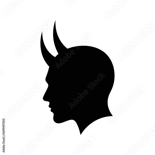 Black silhouette of a devil head with horns isolated on white background silhouette