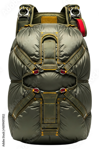 Packed parachute container and harness for skydiving sports isolated on a transparent background