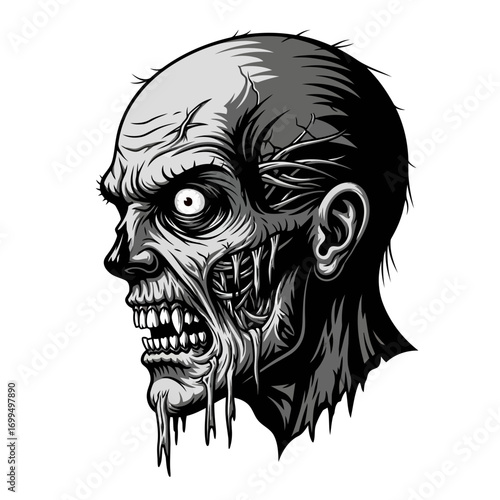 Horrifying zombie head in profile silhouette isolated on white background