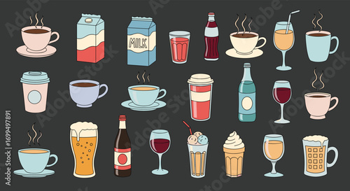 A collection of pixel art illustrations featuring various refreshing beverages hot and cold drinks