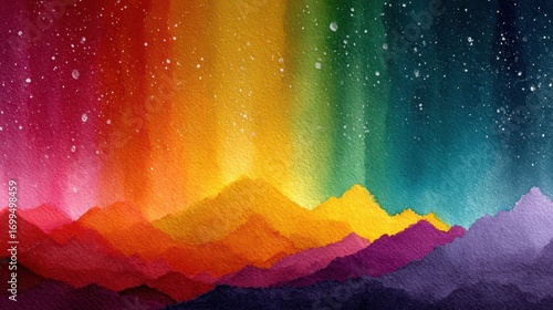 Vivid watercolor landscape featuring colorful northern lights over mountains at dusk