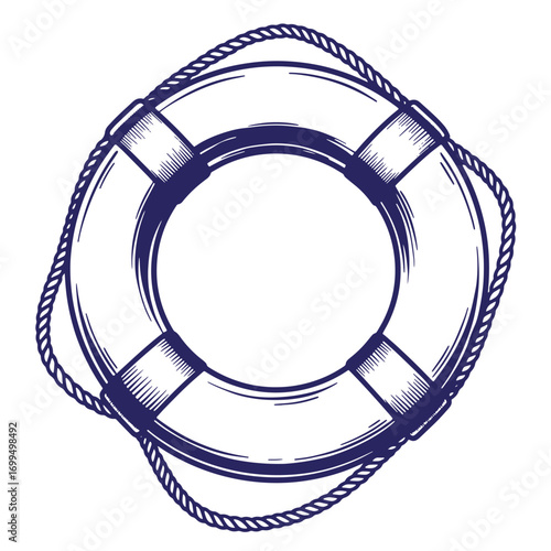 Hand drawn illustration of a nautical life preserver ring with decorative rope in blue