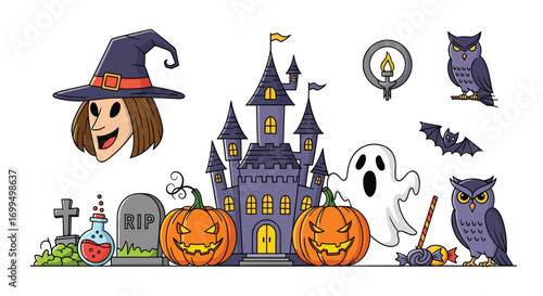Spooky halloween elements featuring a witch castle pumpkins ghosts and owls for festive celebrations