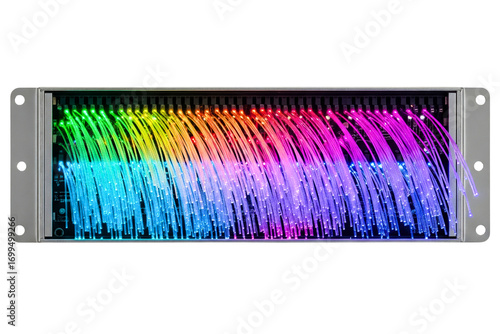 Network switch with glowing rainbow fiber optic cables connected isolated on a transparent background