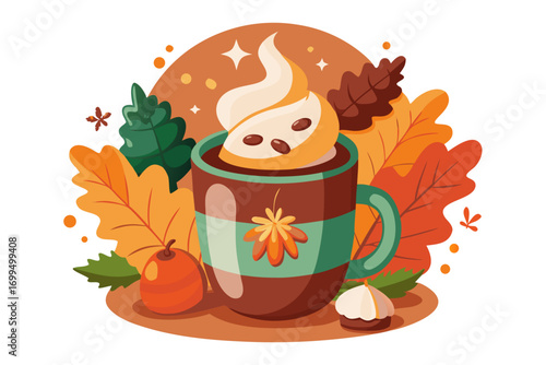 Cozy autumn illustration featuring a warm beverage topped with whipped cream, surrounded by colorful leaves and seasonal elements, capturing the essence of fall vibes