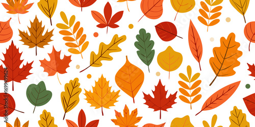 Colorful autumn leaves in various shapes and sizes create a vibrant seamless pattern on a white background, showcasing the beauty of fall foliage and seasonal change