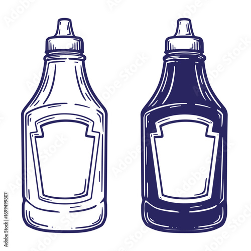 Hand drawn illustration of ketchup bottle design options in outline and solid blue
