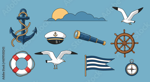 Nautical adventure collection featuring anchor ships wheel spyglass and lifesaving buoy symbols