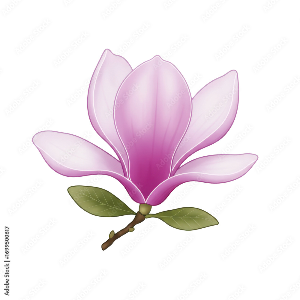 Naklejka premium Delicate pink magnolia blossom with lush green leaves isolated on white background
