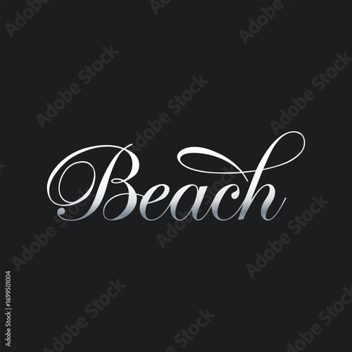 Elegant Silver Calligraphy of Beach Text on a Dark Background Perfect for Summer Vacation Designs and Resort Branding