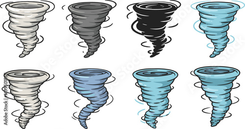 Set of tornado illustrations, cyclone and twister icons, storm vector graphics, natural disaster symbols, weather hazard and wind vortex designs.