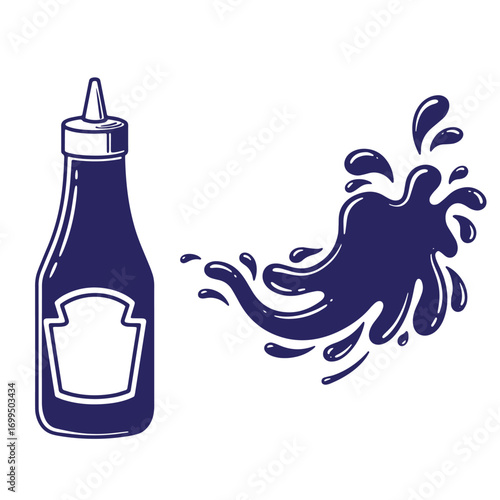 Illustration of a ketchup bottle and splashy blob representing sauce with white background