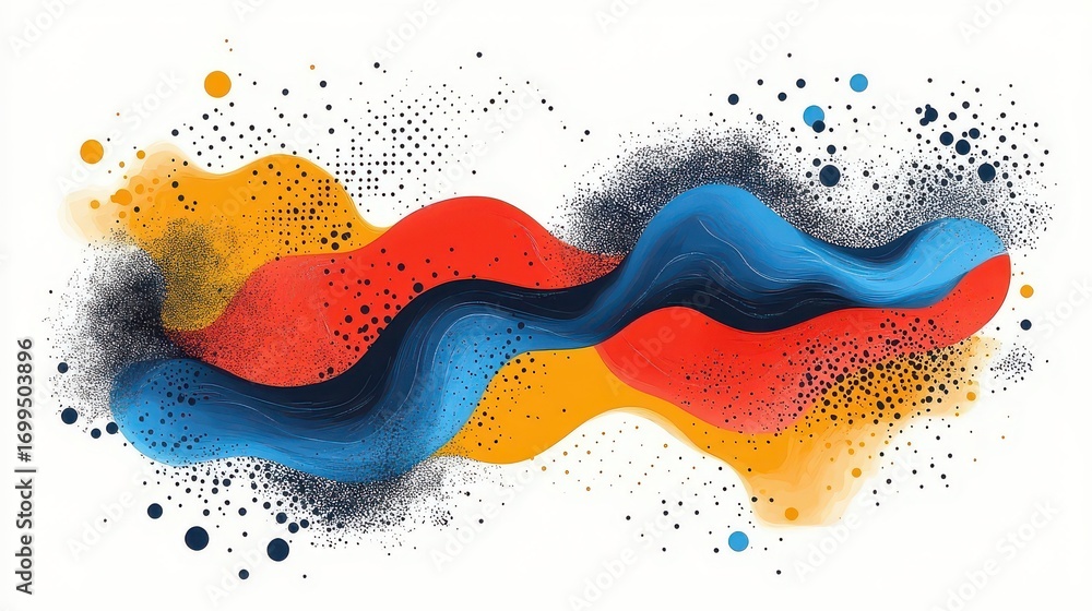 Obraz premium Abstract colorful wavy shapes with splatters on white background.