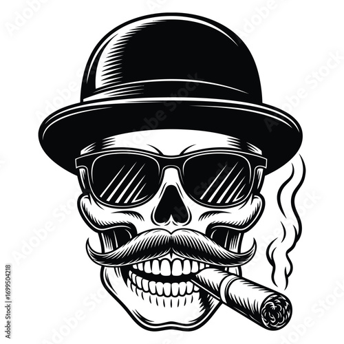 Slick skull with hat sunglasses mustache and cigar illustration