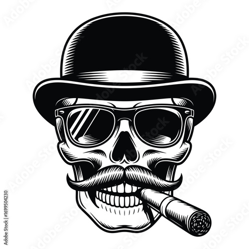 Dapper skull wearing a bowler hat and smoking a cigar with sunglasses