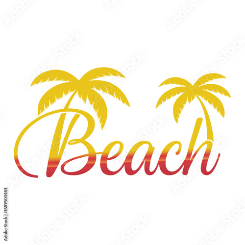 Tropical beach text graphic with palm trees sunny vacation destination and summer holiday vibes for travel and tourism promotions
