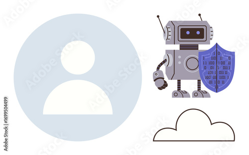 Robot holding shield with binary code beside user profile icon and cloud graphic. Ideal for cybersecurity, privacy, cloud computing, AI technology, data protection, online identity, secure