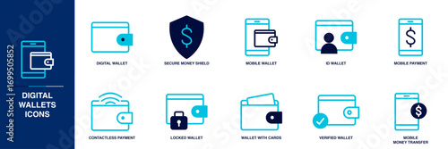 Digital Wallets Blue Colored Outline Icon Set