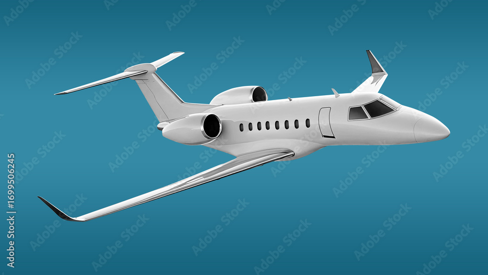 Fototapeta premium White Private Jet with Two Engines In Flight Corner View