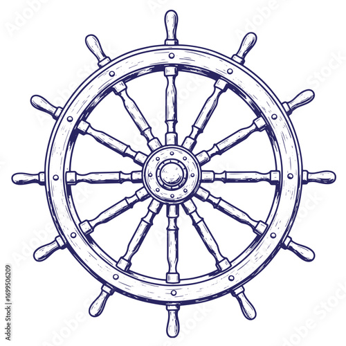 Intricate hand drawn vector illustration of a classic wooden ship steering wheel