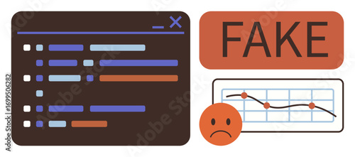 Coding interface, Fake red label, declining graph, sad face emotion. Ideal for data manipulation, misinformation, coding errors, fake news false reports validation quality control. Simple flat