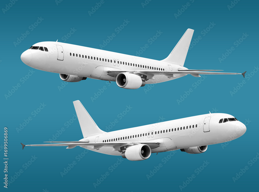 Obraz premium White Passenger Jet Plane with Dual Engines Flying Through the Sky Right and left view