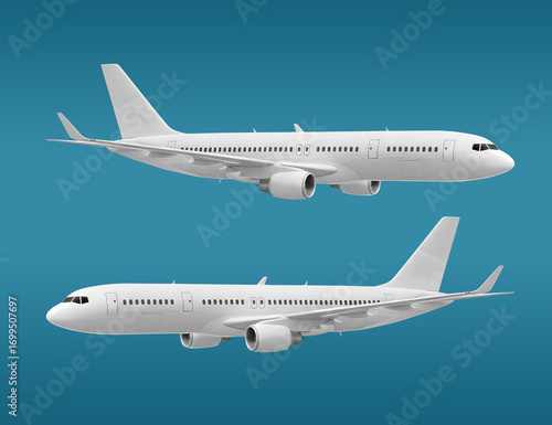 White Passenger Jet Plane with Two Engines Flying Right and left view