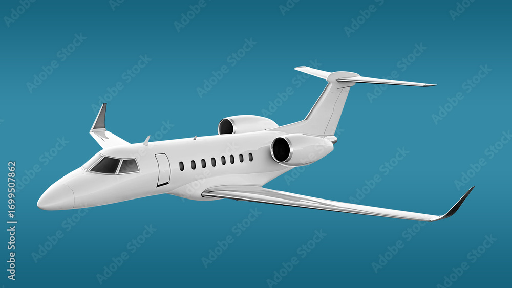 White Private Jet with Two Engines In Flight Corner View Angle White Private Jet with Two Engines In Flight Corner View Angle