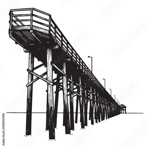 Perspective vector illustration of a long wooden pier extending out over the ocean
