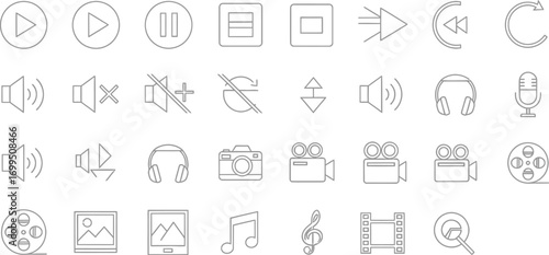 A collection of media and multimedia icons including play stop pause and volume controls in outline style