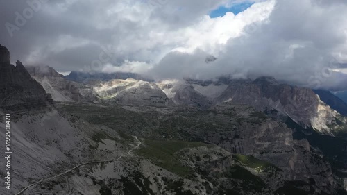 aerial view of dolomite mountains at tre cime