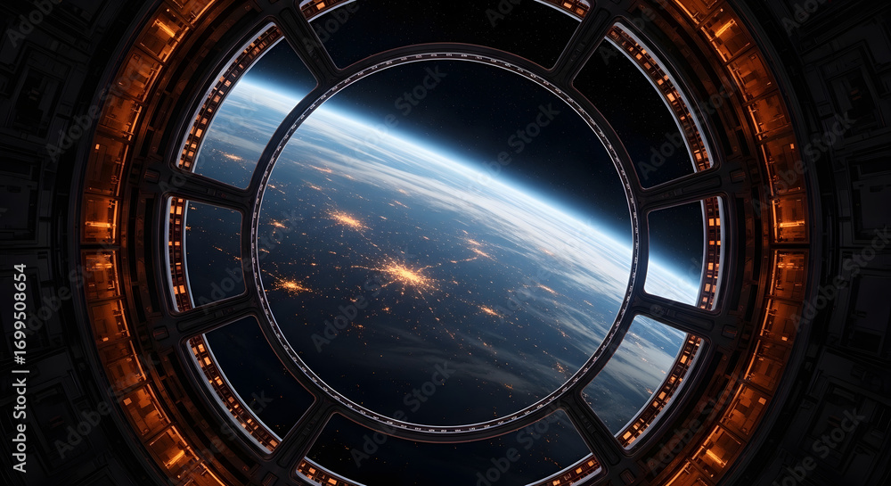 Obraz premium Earth View from Space Station Window Futuristic Space Exploration Background