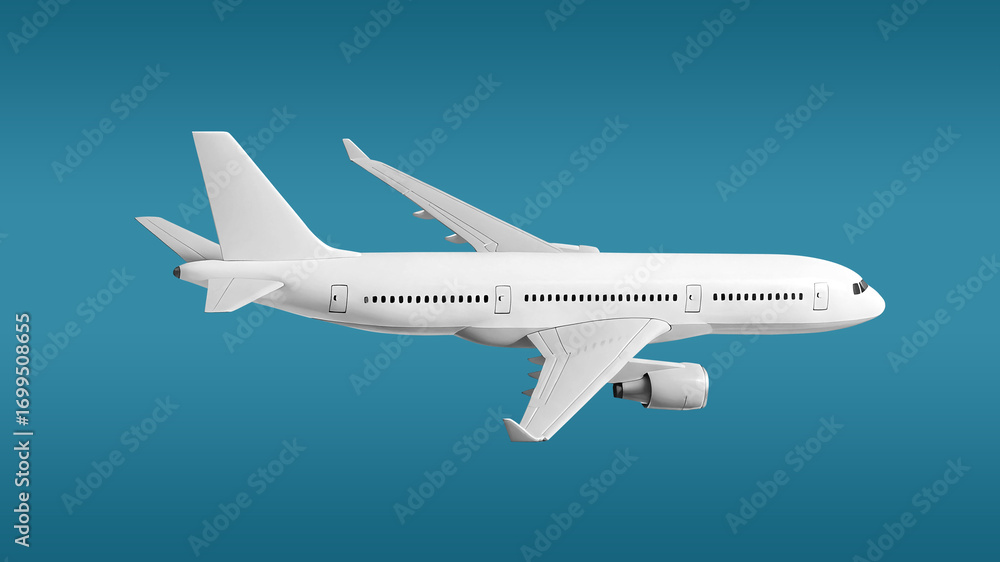 Obraz premium Two-Engine White Passenger Jet Plane in Flight side view high angle
