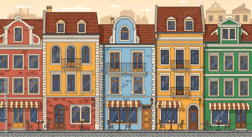 A panoramic illustration of a charming European street lined with vibrant, colorful old buildings and storefronts