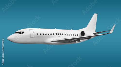 White Passenger Jet Plane with Two Engines Soaring Above the Sky side view