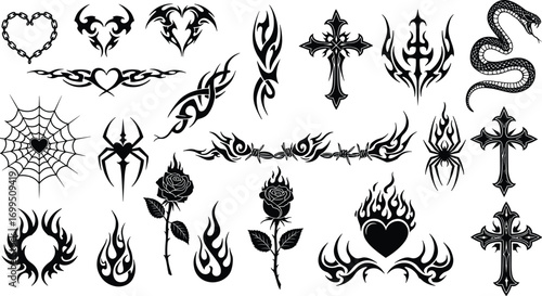 Tribal tattoo designs collection, black ink symbols, flame hearts, crosses, spider webs, roses, snake, barbed wire, vector art
