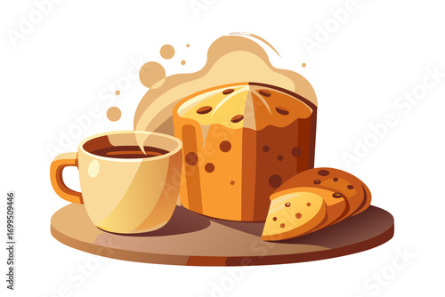 Slice of panettone served with cappuccino on wooden board, steam rising, warm inviting atmosphere, soft cafe lighting creating a cozy ambiance for indulgent moments