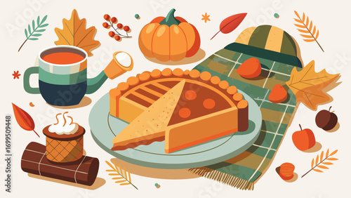 Autumn celebration scene featuring pumpkin pie, cozy drink, and colorful leaves, evoking warm Thanksgiving vibes with inviting textures and seasonal elements