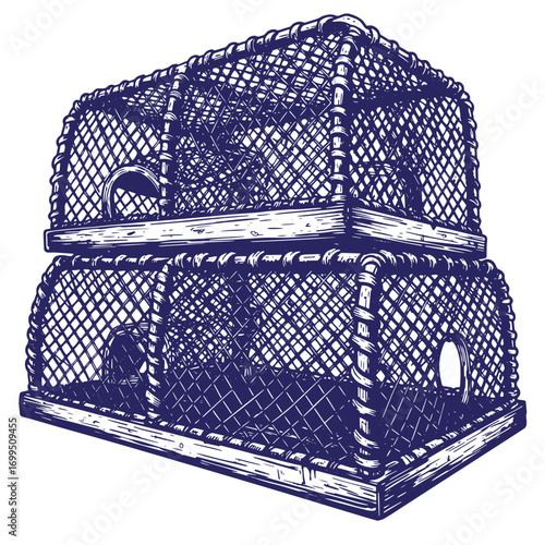 Two blue detailed lobster traps on a white background in vintage engraved style