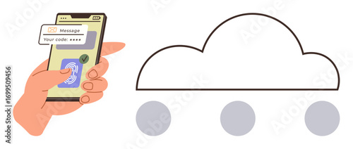 Hand using fingerprint authentication on smartphone displaying verification code, linked to cloud storage. Ideal for security, technology, mobile apps, authentication, privacy, cloud management