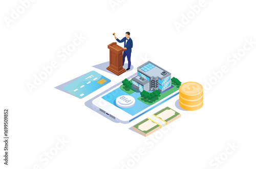 Isometric House auction online  Auction Illustration, with house on screen, finger tapping bid button,Web Banners, Suitable for Diagrams, Infographics, Book Illustration, Game Asset, And Other Graphic