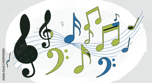 Illustration Art Vector Music Notes with Treble Clef Design in Blue and Green for Musical Themes