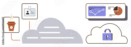 Cloud with bar charts, locked cloud, ID card, and coffee cup symbolizing security, productivity, and connectivity. Ideal for technology, analytics, cybersecurity cloud computing work tools online