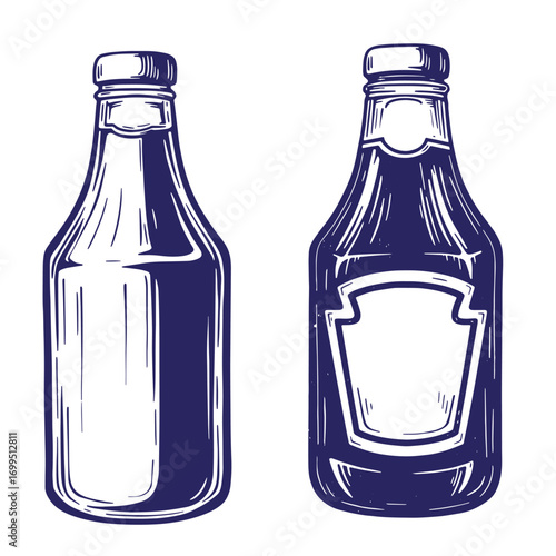 Vintage hand drawn illustration of ketchup and empty sauce bottle design elements